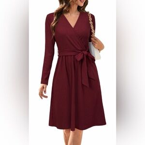 NEW Red Wine Career Ribbed Casual Knit Midi Pockets Dress NO BELT M